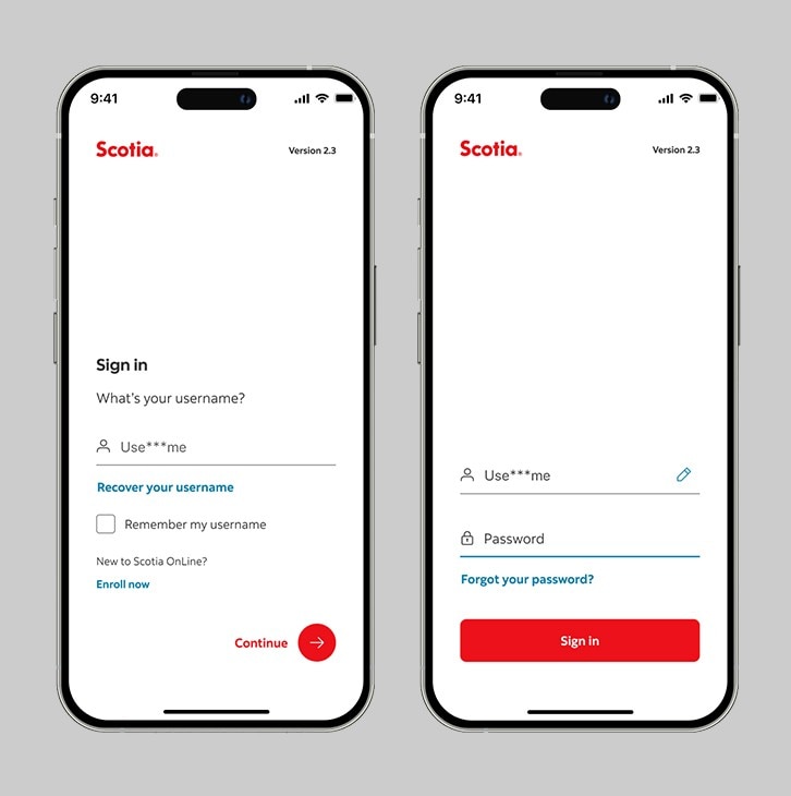 Scotia Caribbean app sign-in screen.