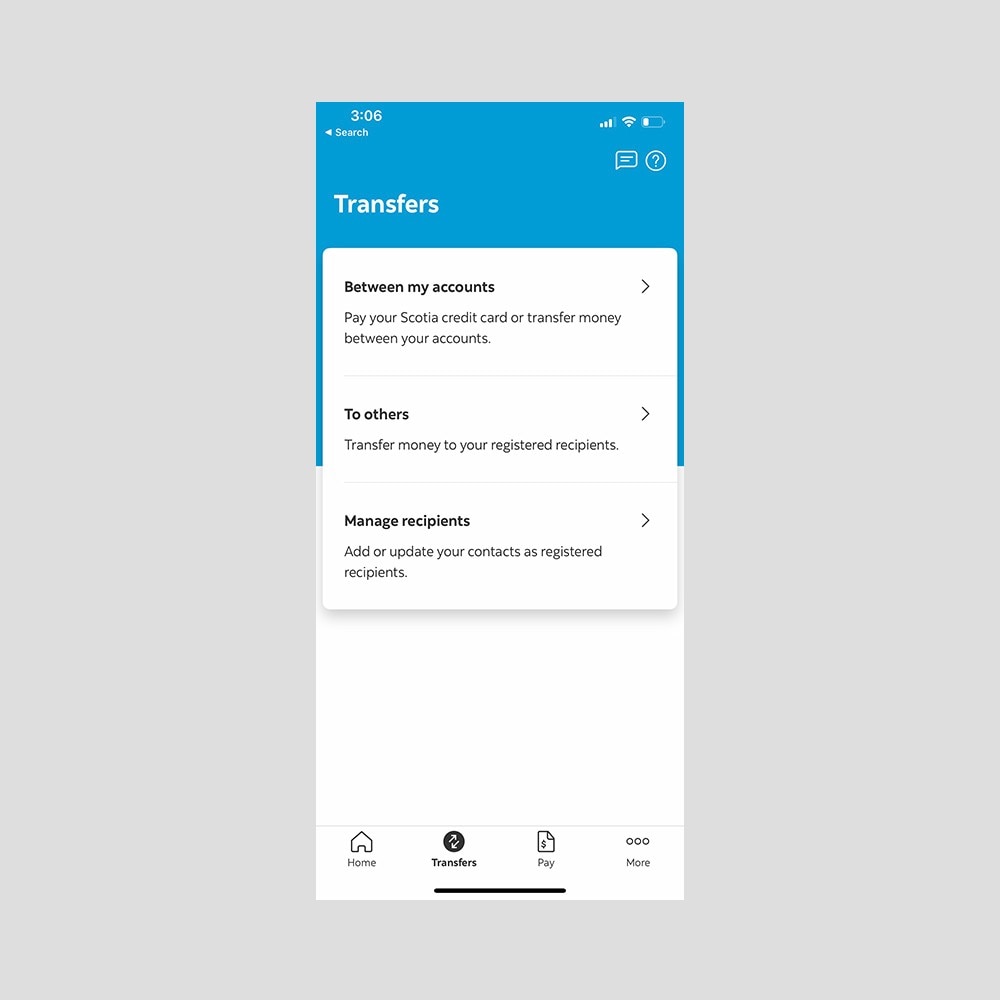 Transfers screen with Between my accounts, To others, Manage recipients menu options.