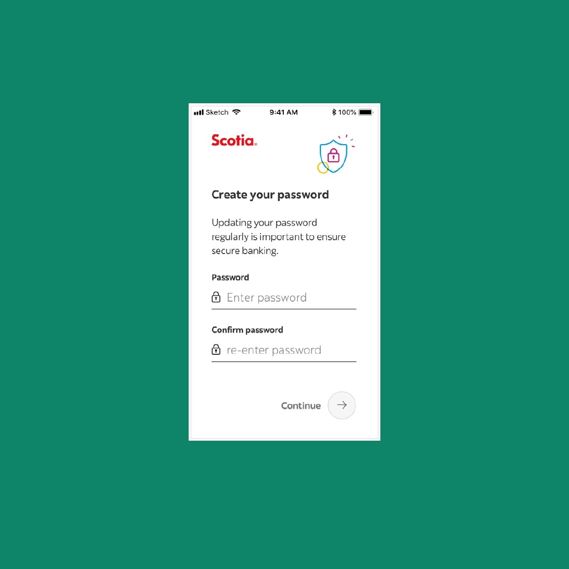 Create your password screen with Password, Confirm password fields and Continue button.