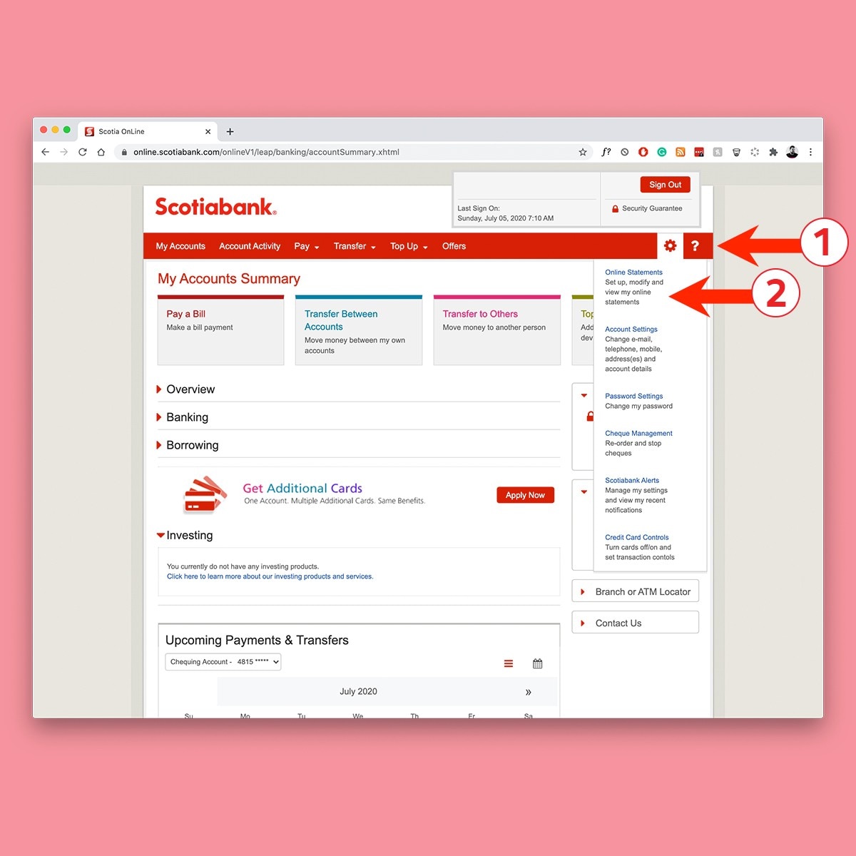My Accounts Summary page displaying Settings drop-down menu and highlighting Online Statements link.