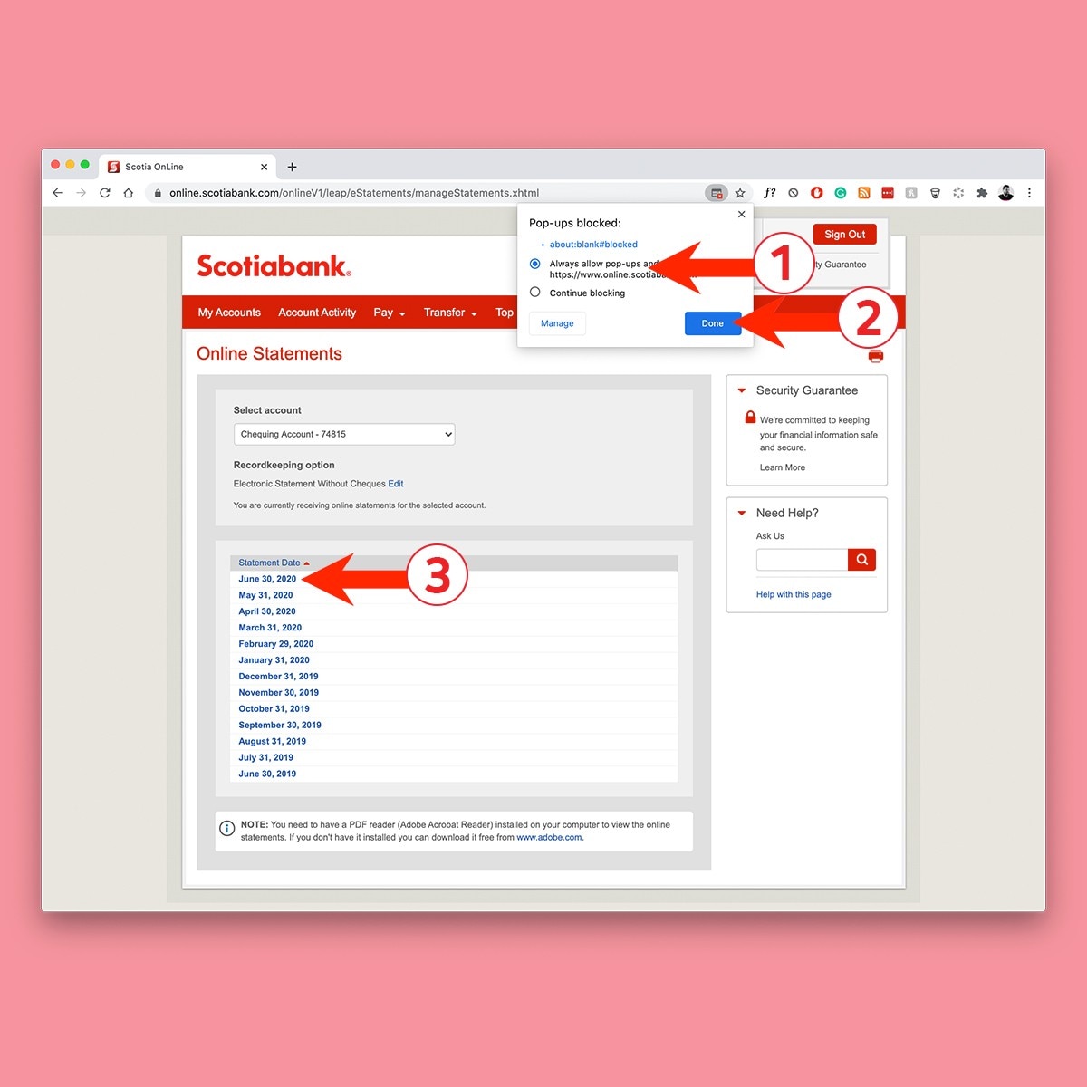 Online Statements page highlighting Pop-up blocker dialogue box.