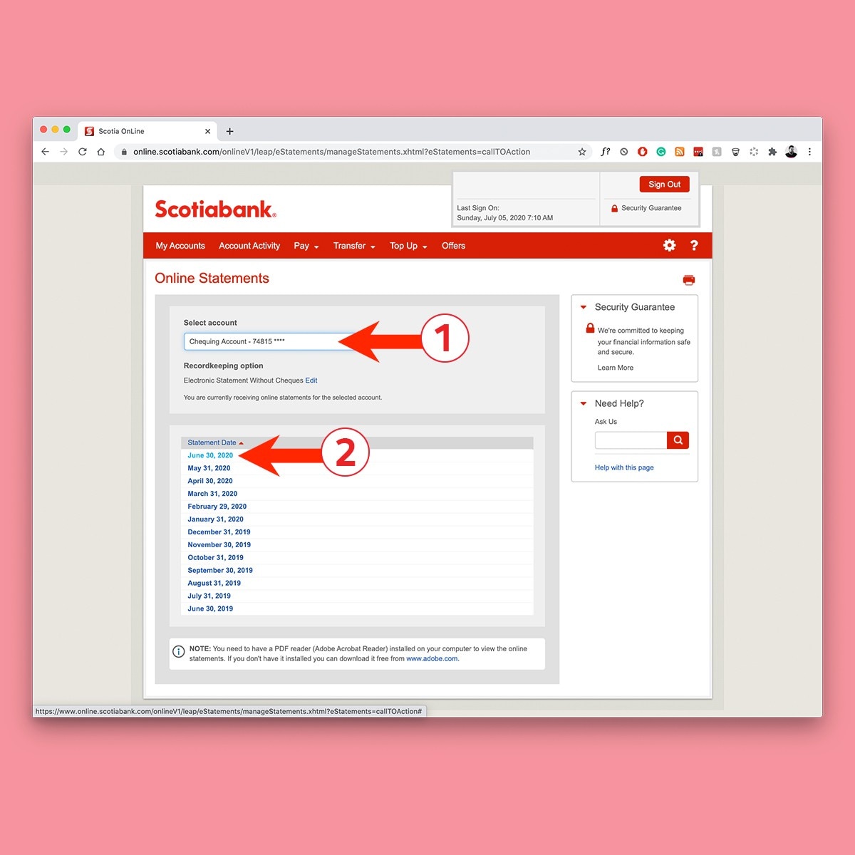 Online Statements page with Select Account field and list of statements by date highlighted.