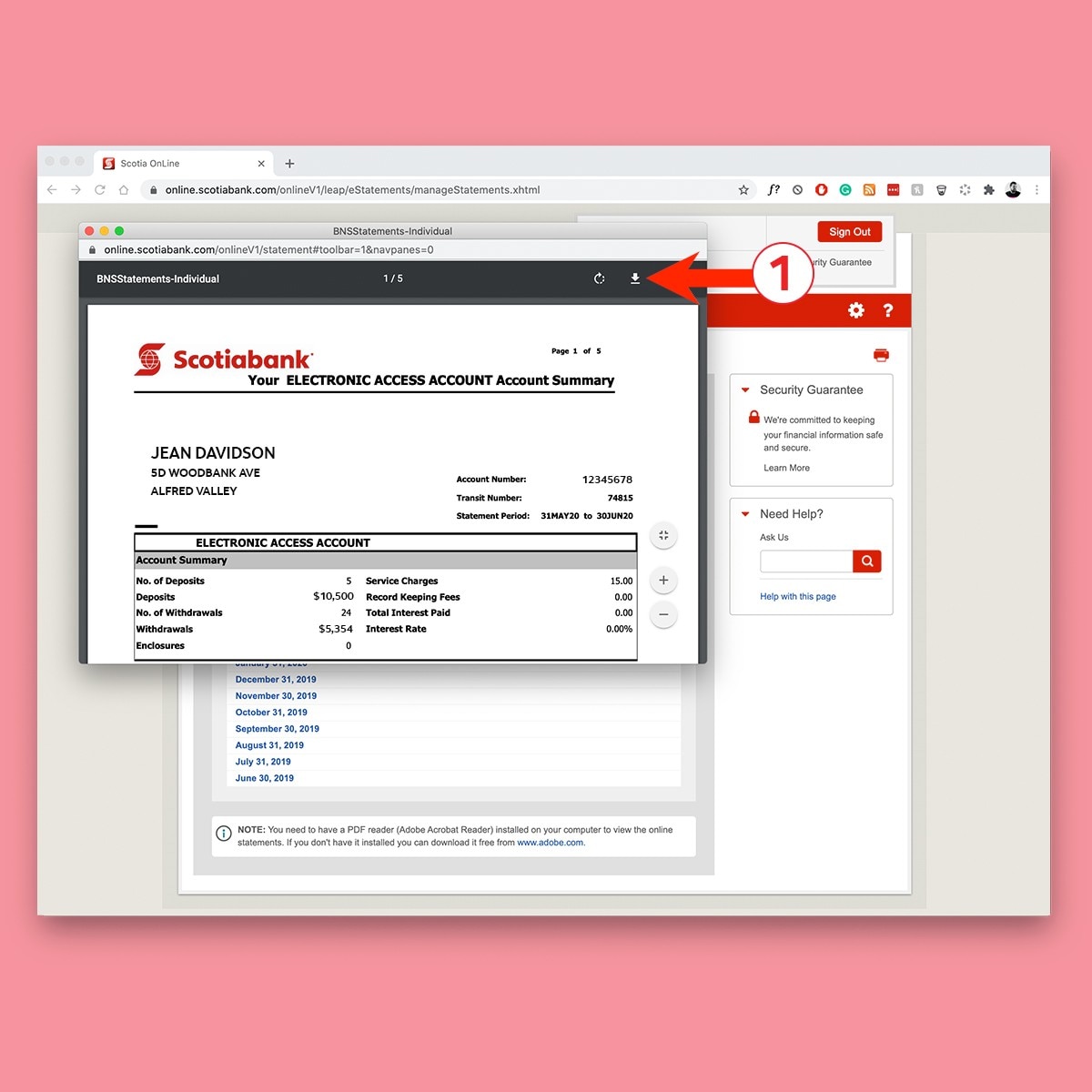 Open Scotiabank statement PDF with download icon highlighted.